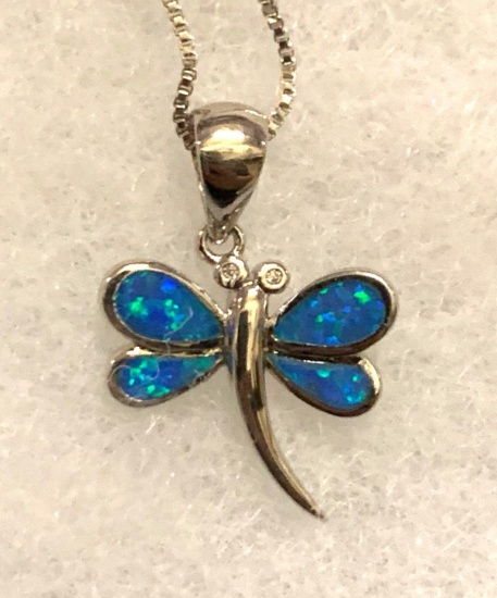 Blue Fire Opal Dragonfly Pendant and Chain