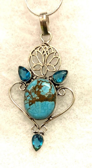 Natural Turquoise with Blue Topaz 2.9" Pendant with 20" Chain