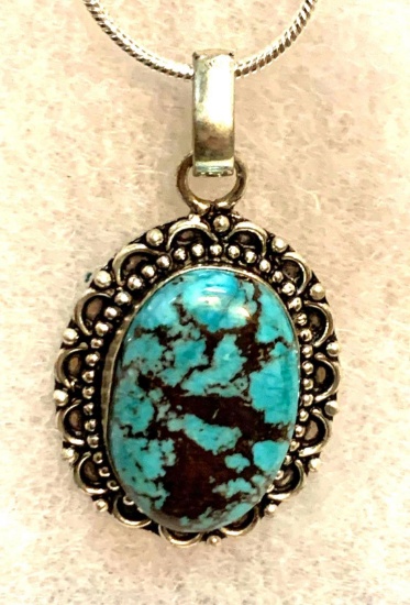 Natural Turquoise 2" Oval Pendant and Chain