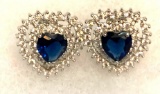 Blue Sapphire Heart Shaped With White Sapphire Stud Earrings