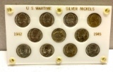 11 US Wartime Silver Nickels - In Plaque