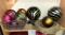 Group of Decorative Balls, Basket of Feathered Balls and More