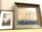 Vintage Boat Watercolor and Mountain Drawing