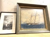 Vintage Boat Watercolor and Mountain Drawing