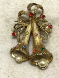 Vintage Christmas Bells with Rhinestones and Pearls Brooch/ Pin
