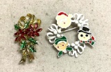 2 Christmas Brooches- Wreath and Christmas Poinsettia