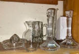 6 Pieces of Glassware- Juicer, Open salt Cellars and Candlesticks