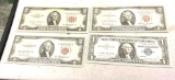 3 Red Seal $2 Bills and 1 $1 Silver Certificate
