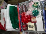 2 Tubs of Christmas Deco- Ornaments, Village accessories, Bows etc
