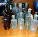 Lot of Old Glass Bottles- Blue, Clear and Dark Amber