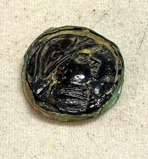 Greek Style Glass Pendant Wrapped w/ Bronze Strip
