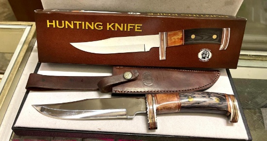 13" Hunting Knife with Black Pakkawood and Brown Bone Handle, Leather Sheath