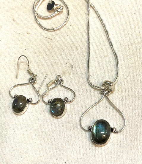 Fiery Labradorite pendant and Chain with Hook Earrings