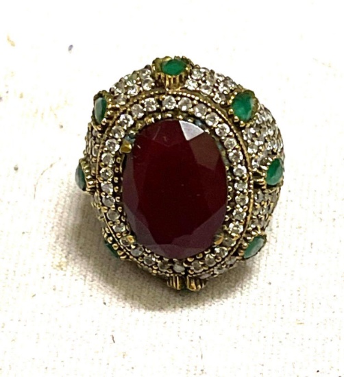 Turkish Cocktail Ring In sterling Silver and Bronze - Stones- Ruby, White Topaz, Emerald Size 9