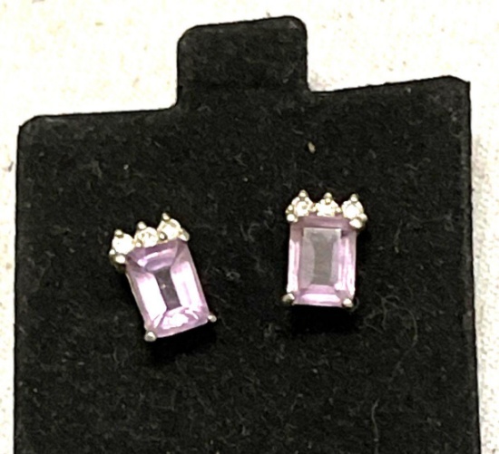 Sterling Silver Earrings w/ cz's and Emerald Cut Amethysts- No Earring backs
