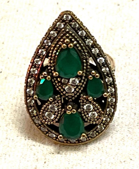 Pear Shape Turkish Cocktail Ring W/ Emerald, White Topaz Gemstones size 8.5