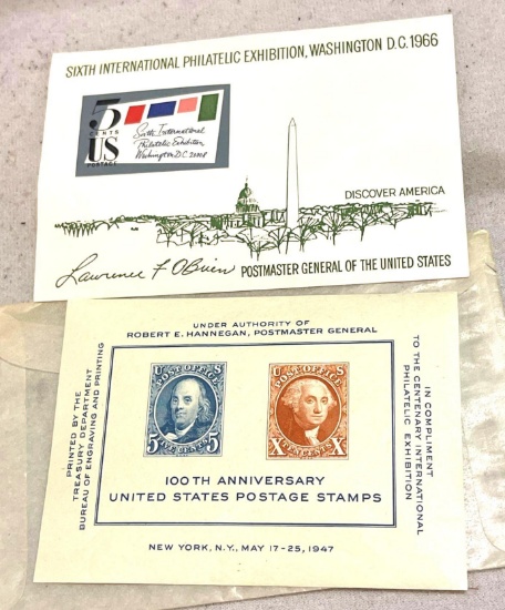 Pair of US Philatelic Stamps 6th International Expo 1966 and 100th Ann of US Postage Stamps 1947