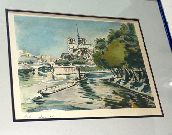 Framed Notre Dame Water Color Picture 16" x 14"