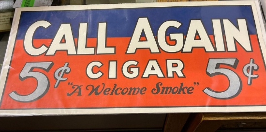 1920's Call Again Heavy Paper Cigar sign 7" x 16" Great condition
