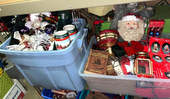 2 Bins of Christmas Deco- Ornaments, Santa's, Budweiser Mugs etc