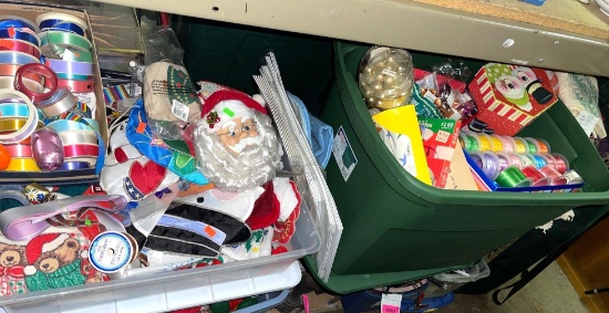 2 Bins of Ribbon, Gift Boxes, Tags, Gift Bags, Window Clings, Christmas Hand Towels etc