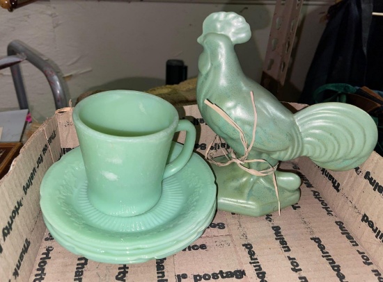 Green Rooster , 7" Tall Jadeite Coffee Cup and 4 Saucers