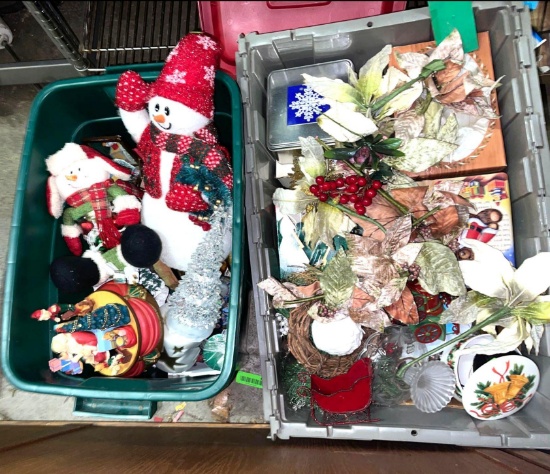 2 Bins of Christmas Deco- Snowmen, Tree, Santa etc
