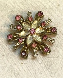 Vintage Pink and White Gold Color Flower Rhinestone Brooch