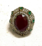 Turkish Cocktail Ring In sterling Silver and Bronze - Stones- Ruby, White Topaz, Emerald Size 9