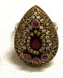 Turkish Silver and Bronze Ring Size 6.5 Stones are Ruby, White Topaz- In Sterling and Bronze