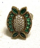 Very Fine Turkish cocktail Ring W/ Emeralds and White Topaz in Sterling and Bronze Size 6.5
