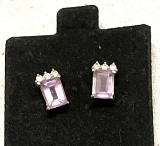Sterling Silver Earrings w/ cz's and Emerald Cut Amethysts- No Earring backs