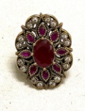 Turkish Sterling Silver and Bronze Ring Size 7 With Ruby, White Topaz