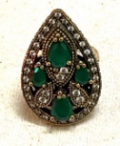 Pear Shape Turkish Cocktail Ring W/ Emerald, White Topaz Gemstones size 8.5