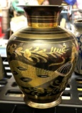 Japanese Brass Vase w/ Engraved Peacock and Floral Designs