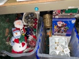 2 Bins of Christmas deco- Snowman, Ornaments, Christmas Bank, clock, Lights, etc