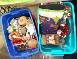 2 Bins of Christmas Deco- Door Mat, Light up Tree, Gingerbread men etc