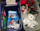 2 Bins and Box of Christmas Deco- Christmas Cards, Light Up Snowman, Angels etc