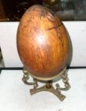 Vintage wood Carved Egg On Brass Stand