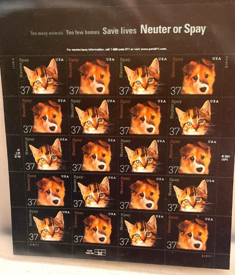 Full Sheet Mint United States Postage Stamps "Save Lives Neuter or Spay"