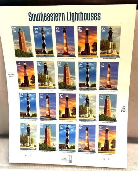 Full Sheet of US Postage Stamps South Eastern light Houses