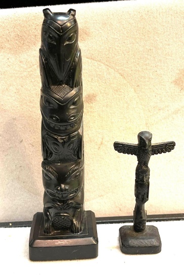 Two Black Tlingit Indian Totem Pole 1- is 3.5" Tall and 1 is 6.5" Tall