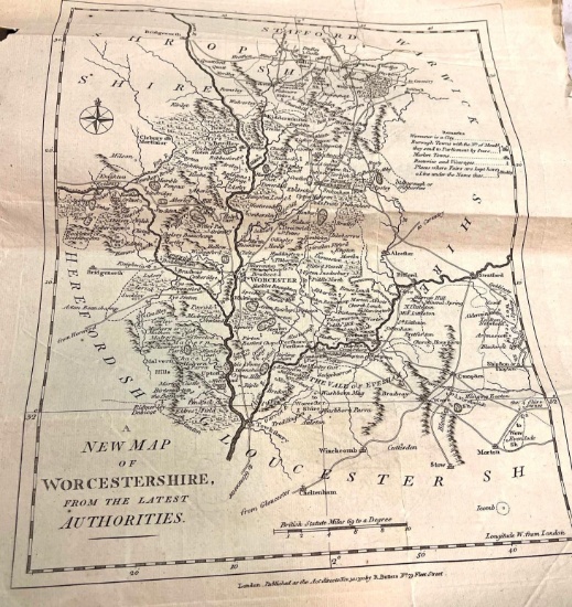 Lucky Find Nov 30, 1790 Map of Worcestershire, Looking North from London handmade Paper