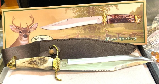 15 1/2" Hunting Knife w/ Brass Guard/ Tail Knob, Rolled Stag Handle