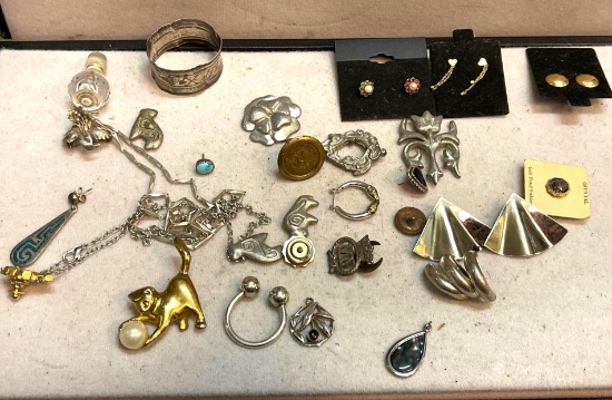 Lot of Vintage 1950-60 Jewelry Earrings, Pins, Pendants, Silver Napkin Ring, Silver Earring Singles