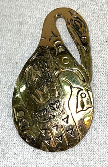 Native Jewelry Tlingit Carved Brass Pendant- Cormorant signed artist is Known for Bold style