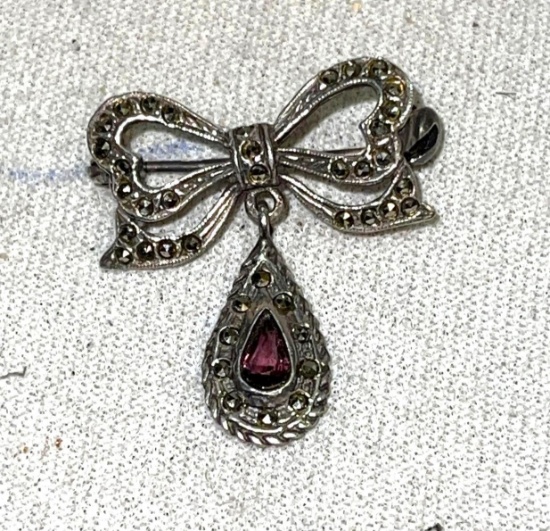 Sterling Silver Maracite Bowtie pin w/ Amethyst Pear shape Gemstone -not marked But tested