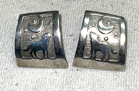 Wolf Baying To the moon earrings- one signed AZ - the other sterling- Make a statement