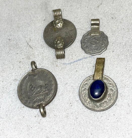 4 Islamic Pendants- one with blue stone-all Near Eastern Ottoman empire style