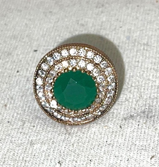Turkish Cocktail Ring white Topaz and Genuine emerald set in sterling and Bronze size 7.5